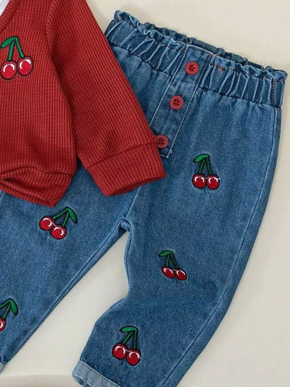 Children's Cherry Embroidered Knit Top and Jeans Set, image 8