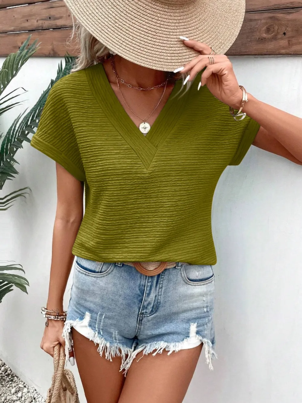 Textured Solid Color Short Sleeve Top, image 18