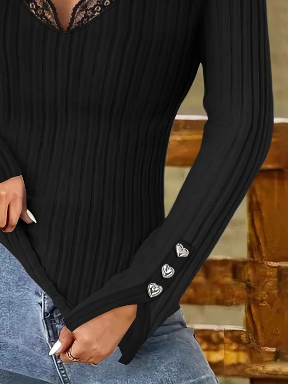 Full Size Ribbed V-Neck Lace Trim Long Sleeve T-Shirt Plus Size, image 6