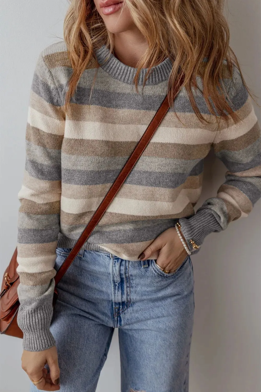 Striped Round Neck Long Sleeve Sweater, image 3