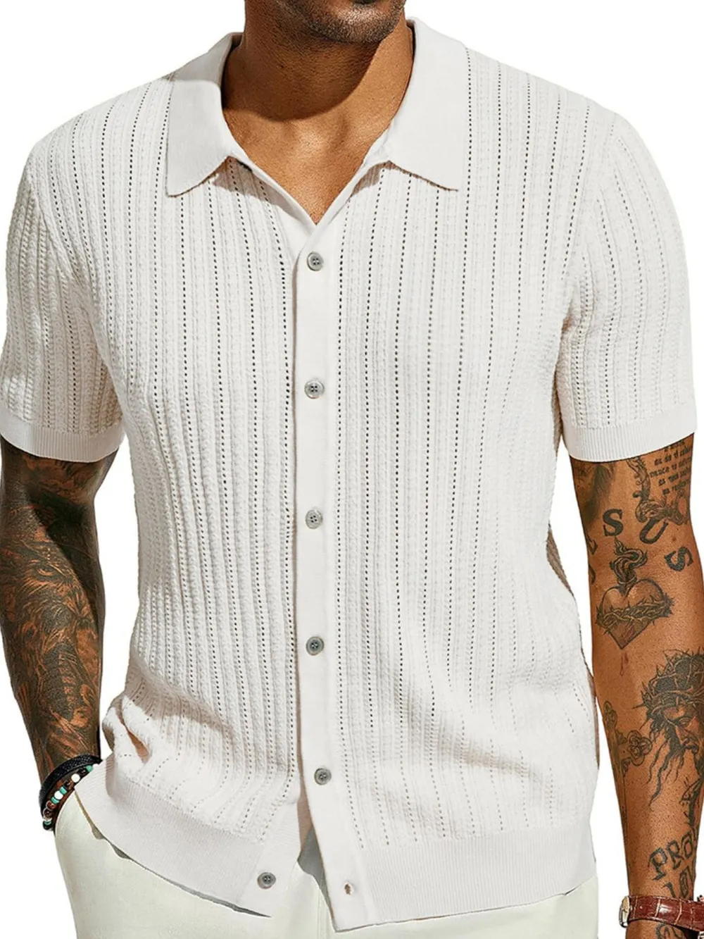 Men's Full Size Openwork Button Down Collared Neck Shirt Plus Size, image 4