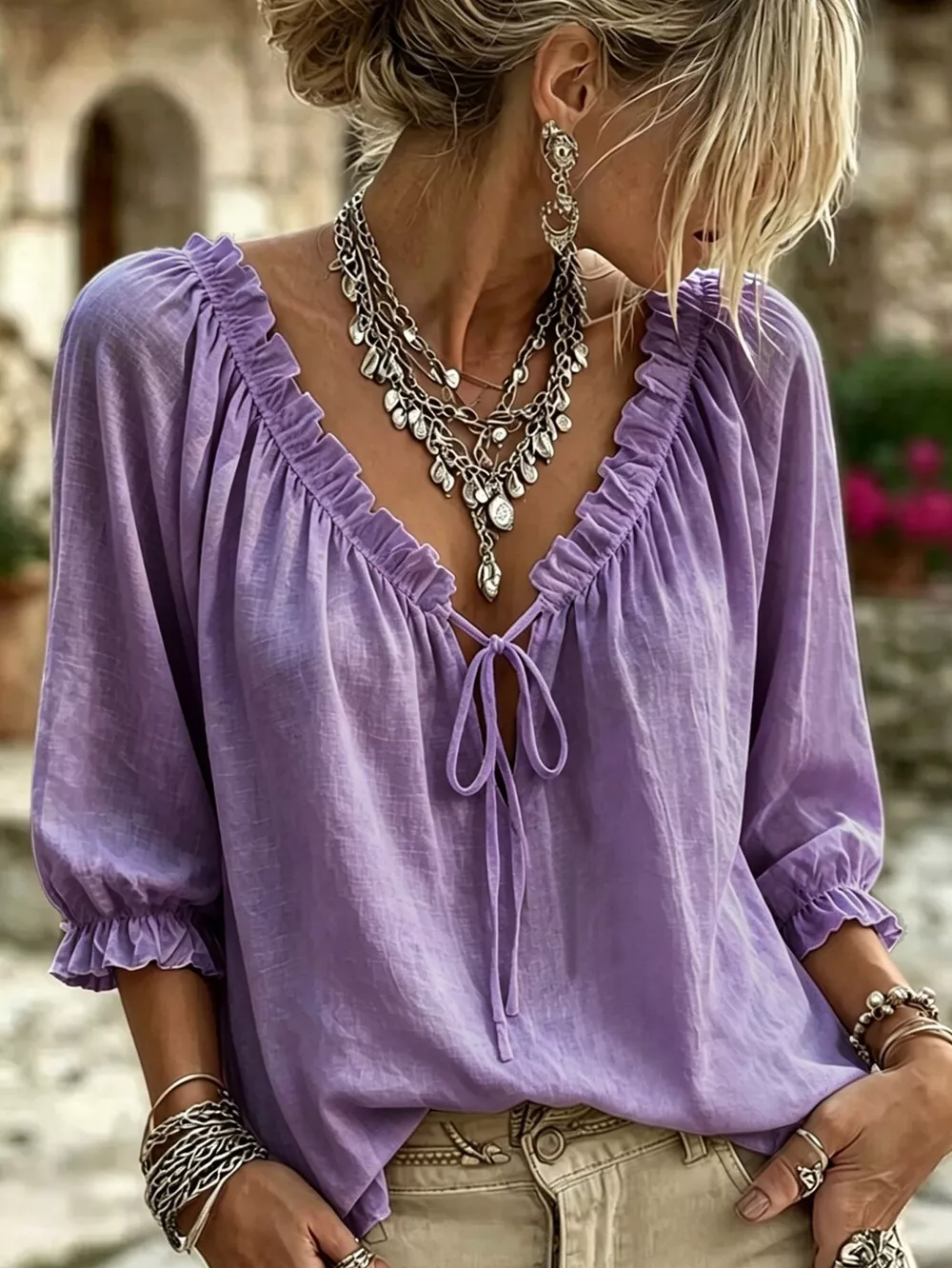 Frill Tie Neck 3/4 Sleeve Blouse, image 7