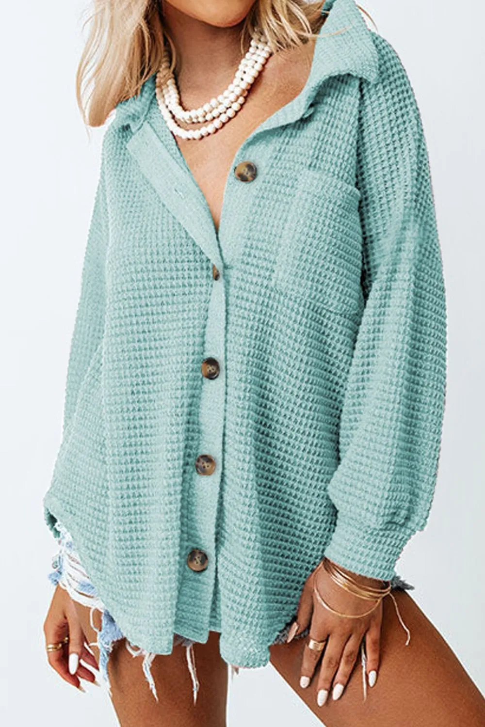 Waffle-Knit Collared Neck Long Sleeve Shirt, image 32