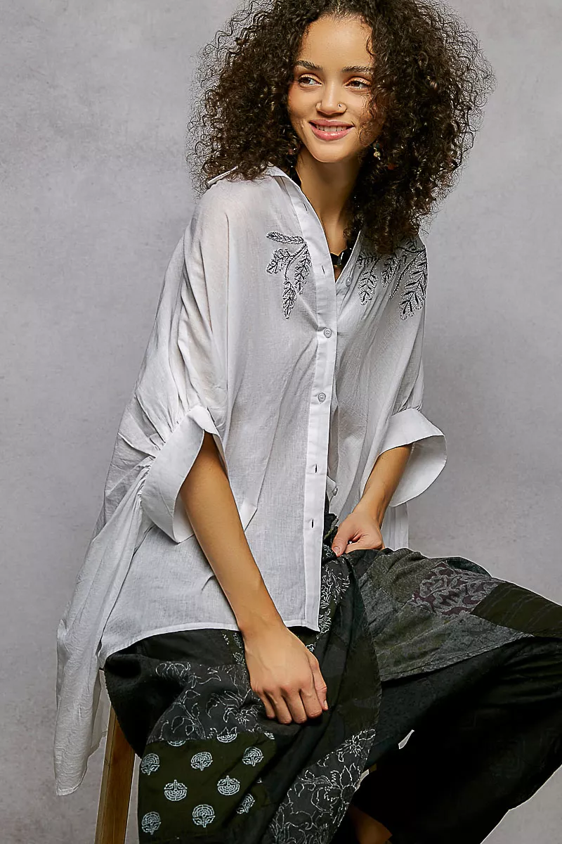 Button Down Embroidered Floral High-Low Hem Shirt, image 3