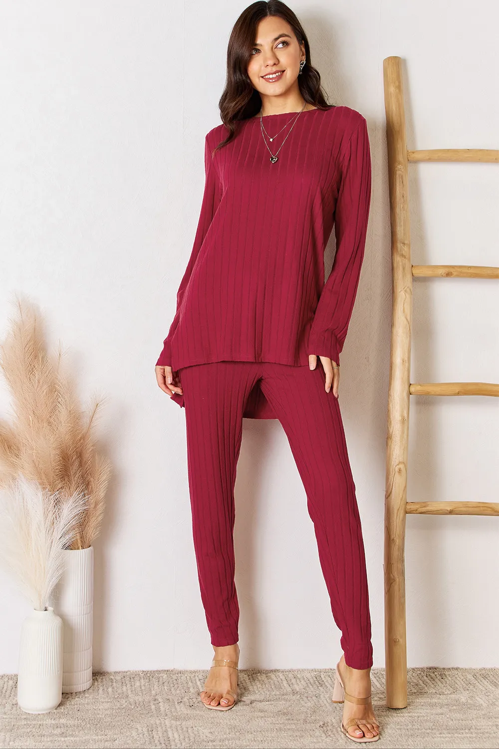 Full Size Ribbed Round Neck High-Low Slit Top and Pants Set, image 8