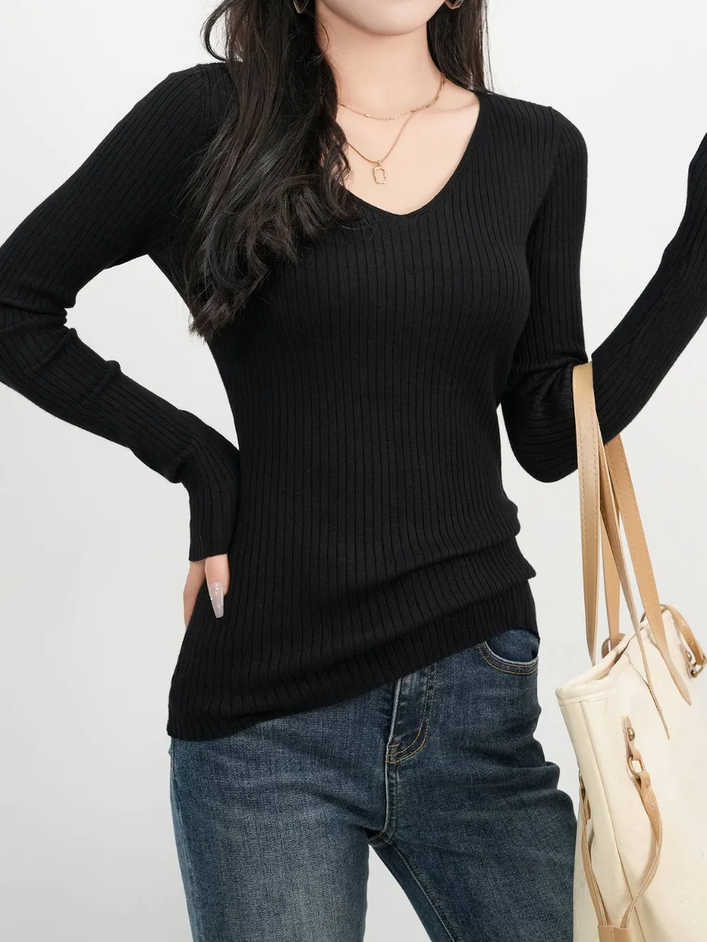 Ribbed V-Neck Long Sleeve Sweater, image 5