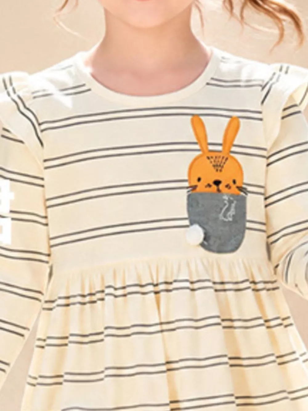 Children's Striped Long-Sleeve Dress with Rabbit Pocket Detail, image 4