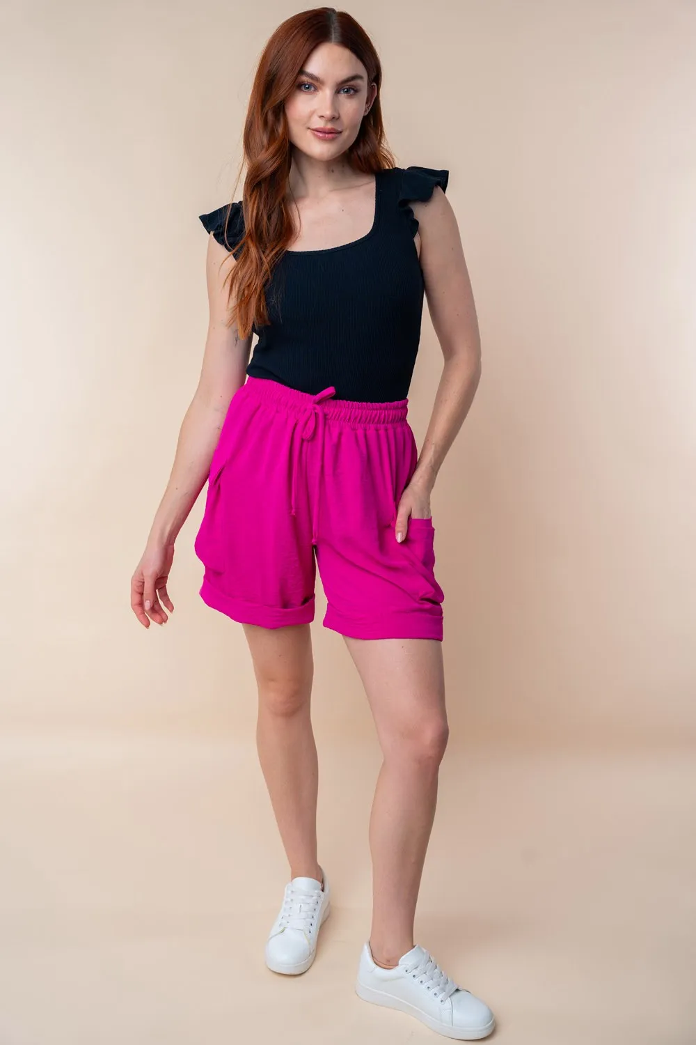 High Waisted Drawstring Knit Cargo Shorts, image 5