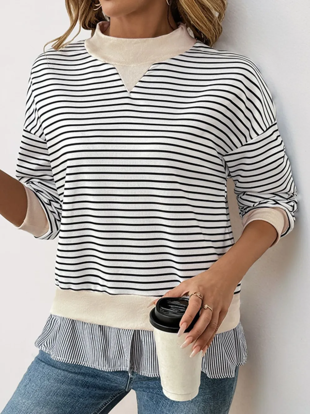 Faux Layered Striped Long Sleeve Sweatshirt