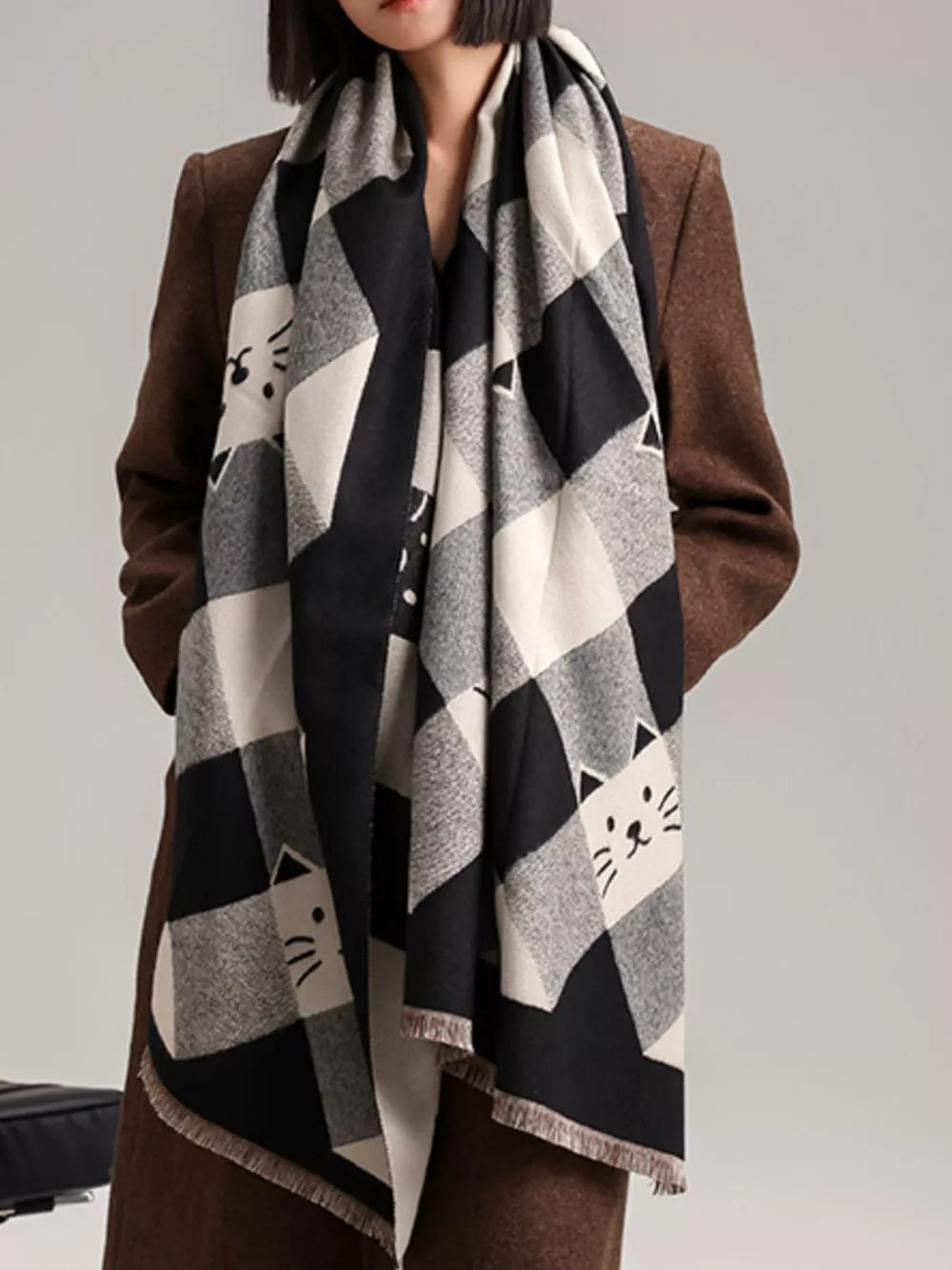 Cute Cat Pattern Plaid Raw Hem Scarf, image 9