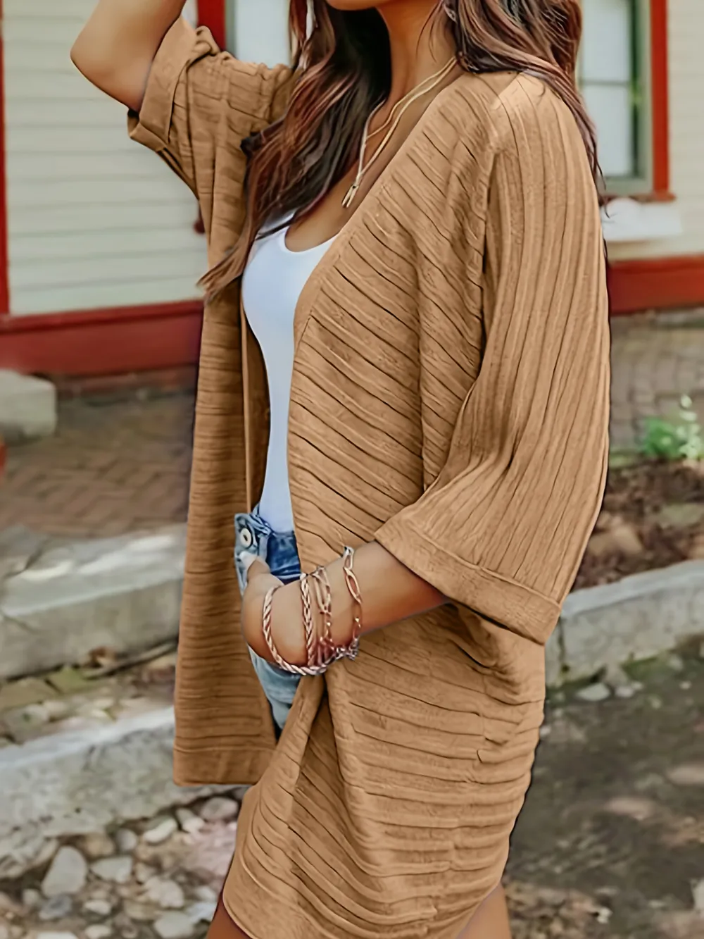 Striped Open Front Knit Cardigan, image 12