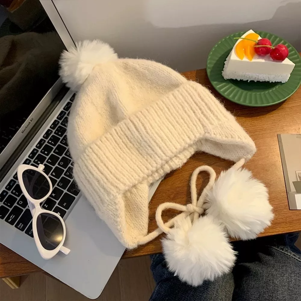 Warm Knitted Beanie Hat with Pom Pom Ear Flaps, image 2