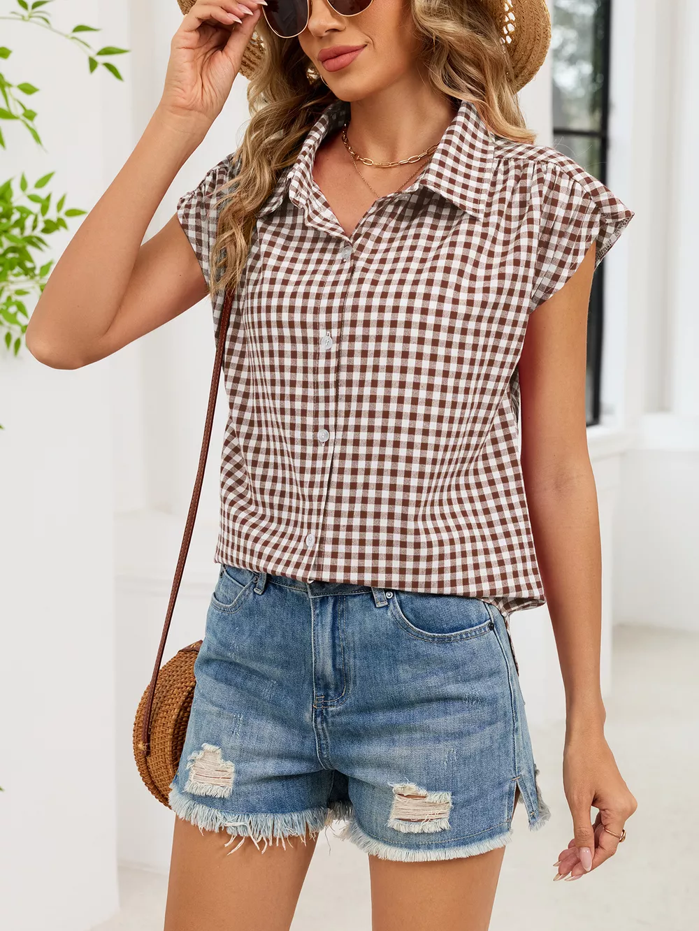 Plaid Button Up Cap Sleeve Shirt, image 21