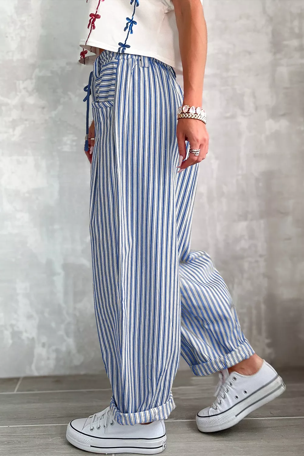 Stripe Drawstring Casual Loose Pants, image 18