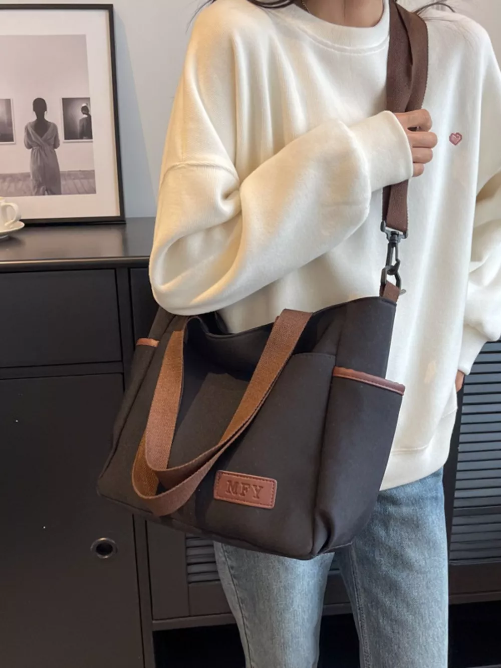 Canvas Shoulder Bag with Adjustable Strap, image 5