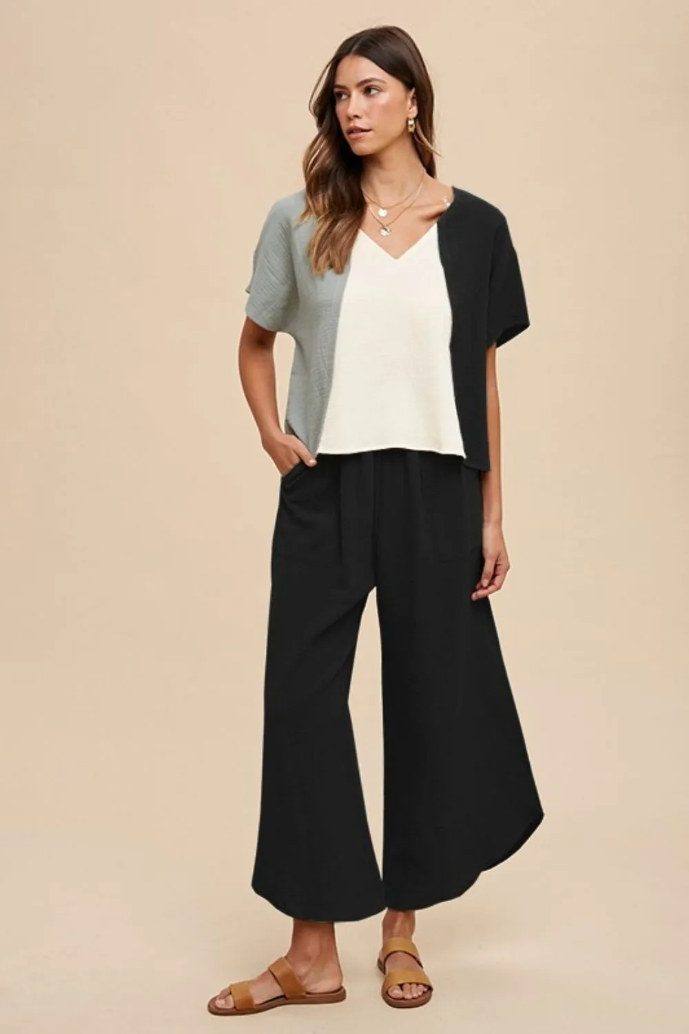 Color Block Cotton Gauze V-Neck Top, image 3