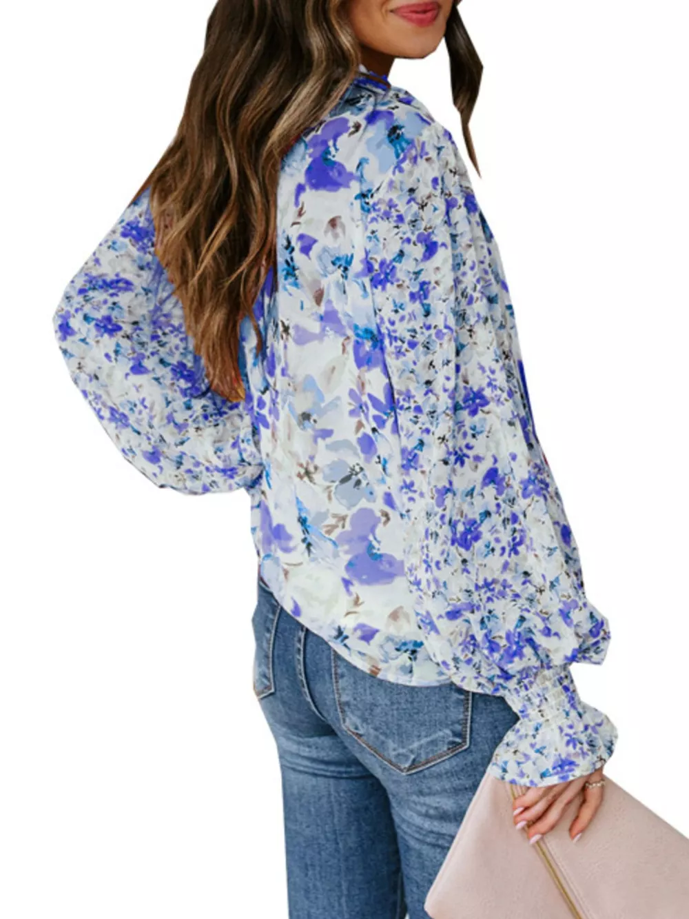 Full Size Floral Print Smocked Cuff Blouse Plus Size, image 9