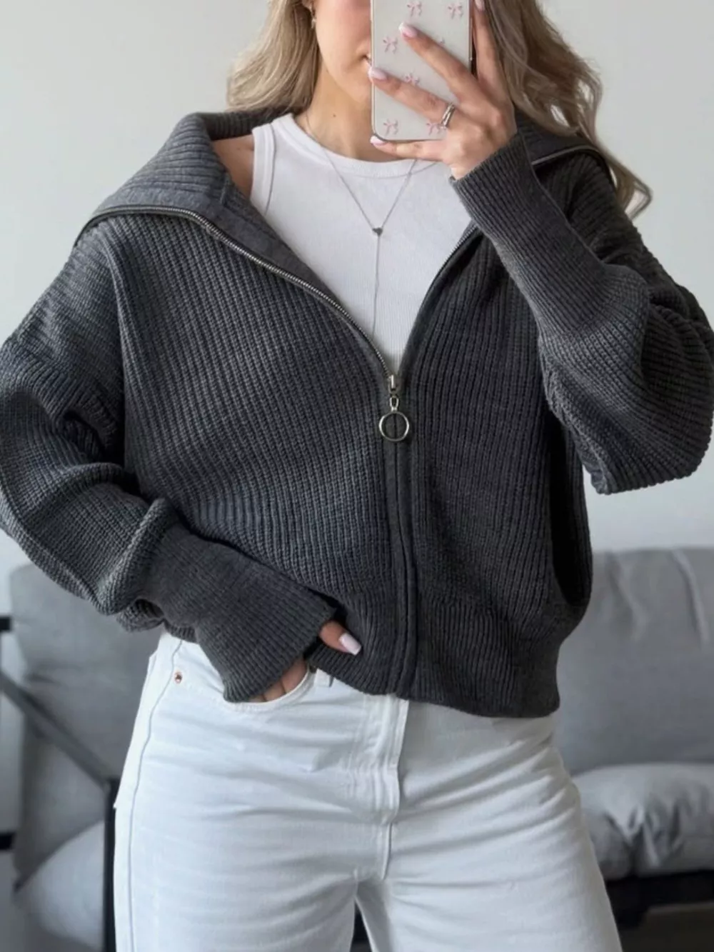 Zip Up Dropped Shoulder Cardigan, image 4