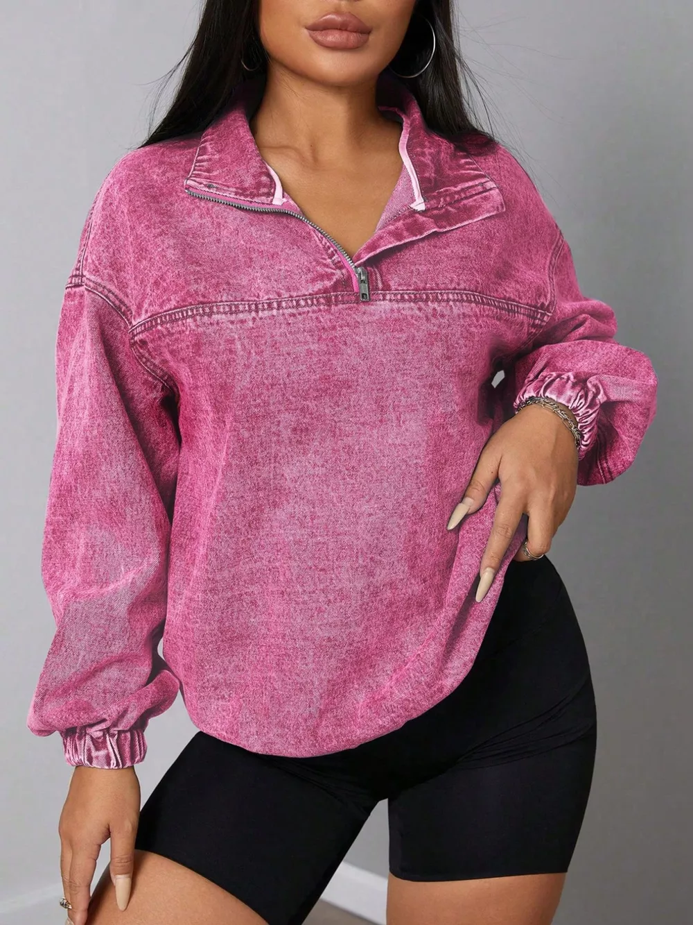 Zip Collar Long Sleeve Denim Top, image 3