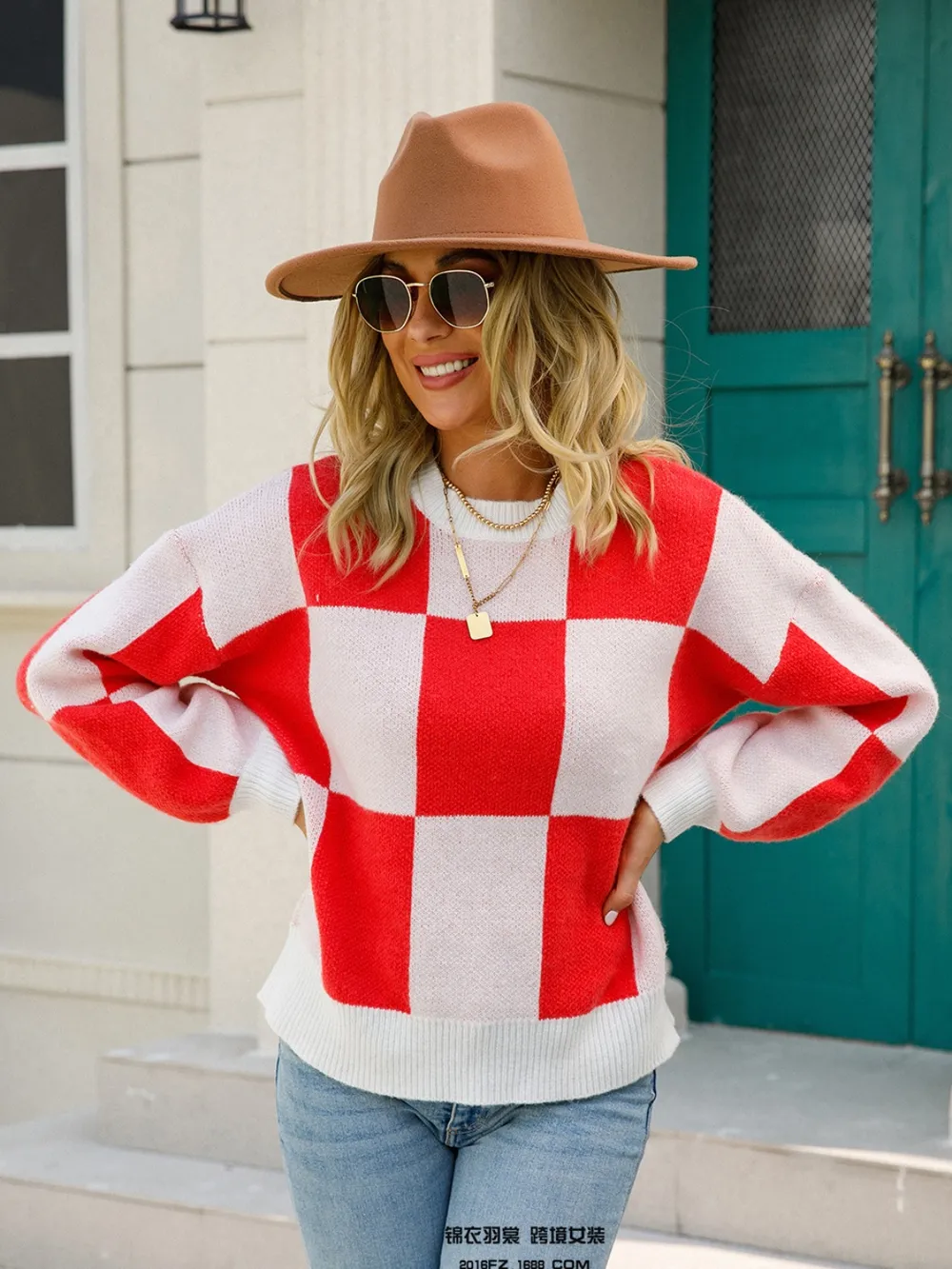 Checkered Round Neck Dropped Shoulder Sweater, image 3