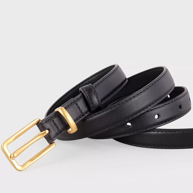 Leather Skinny Belt with Golden Buckle, image 2