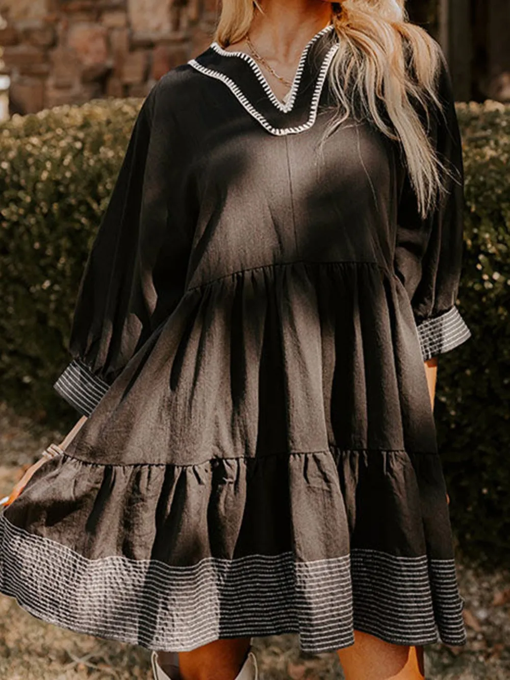 Striped Hem 3/4 Sleeve Tiered Dress, image 6