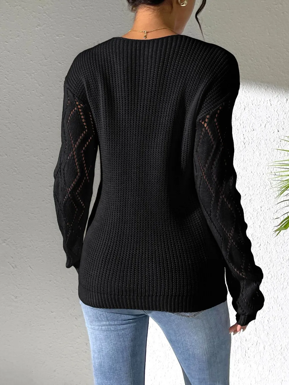 Openwork V-Neck Long Sleeve Sweater, image 11