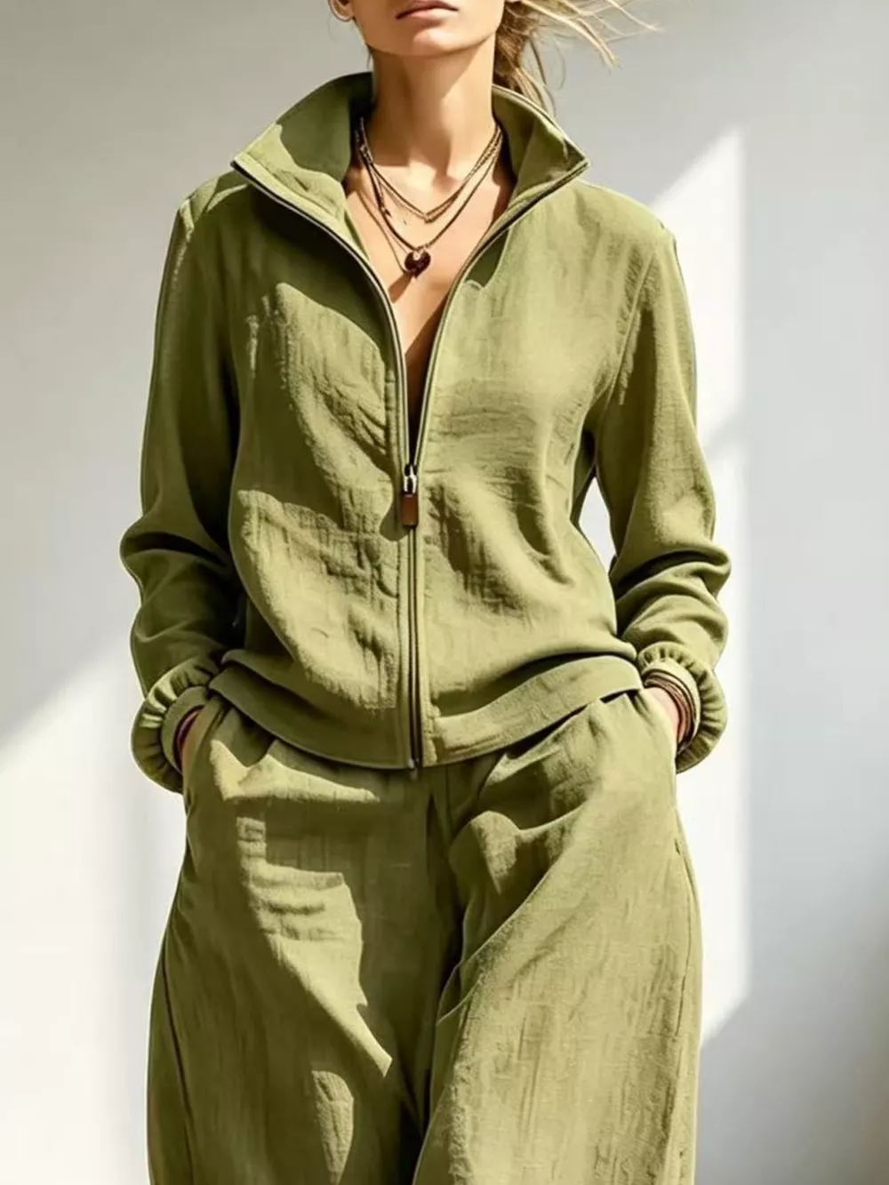 Full Size Zip-Up Jacket and Wide-Leg Pants Set Plus Size, image 5