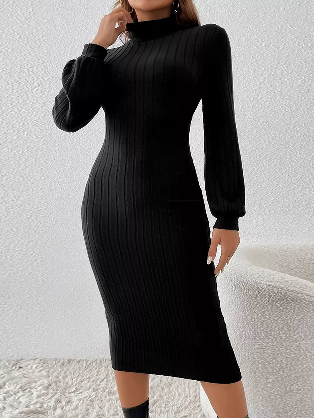 Mock Neck Ribbed Knit Bodycon Midi Dress, image 3