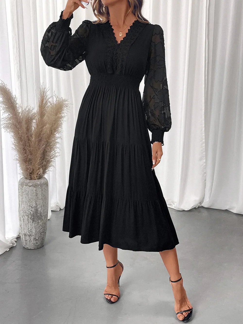 Lace Detail Lantern Sleeve Tiered Dress, image 6