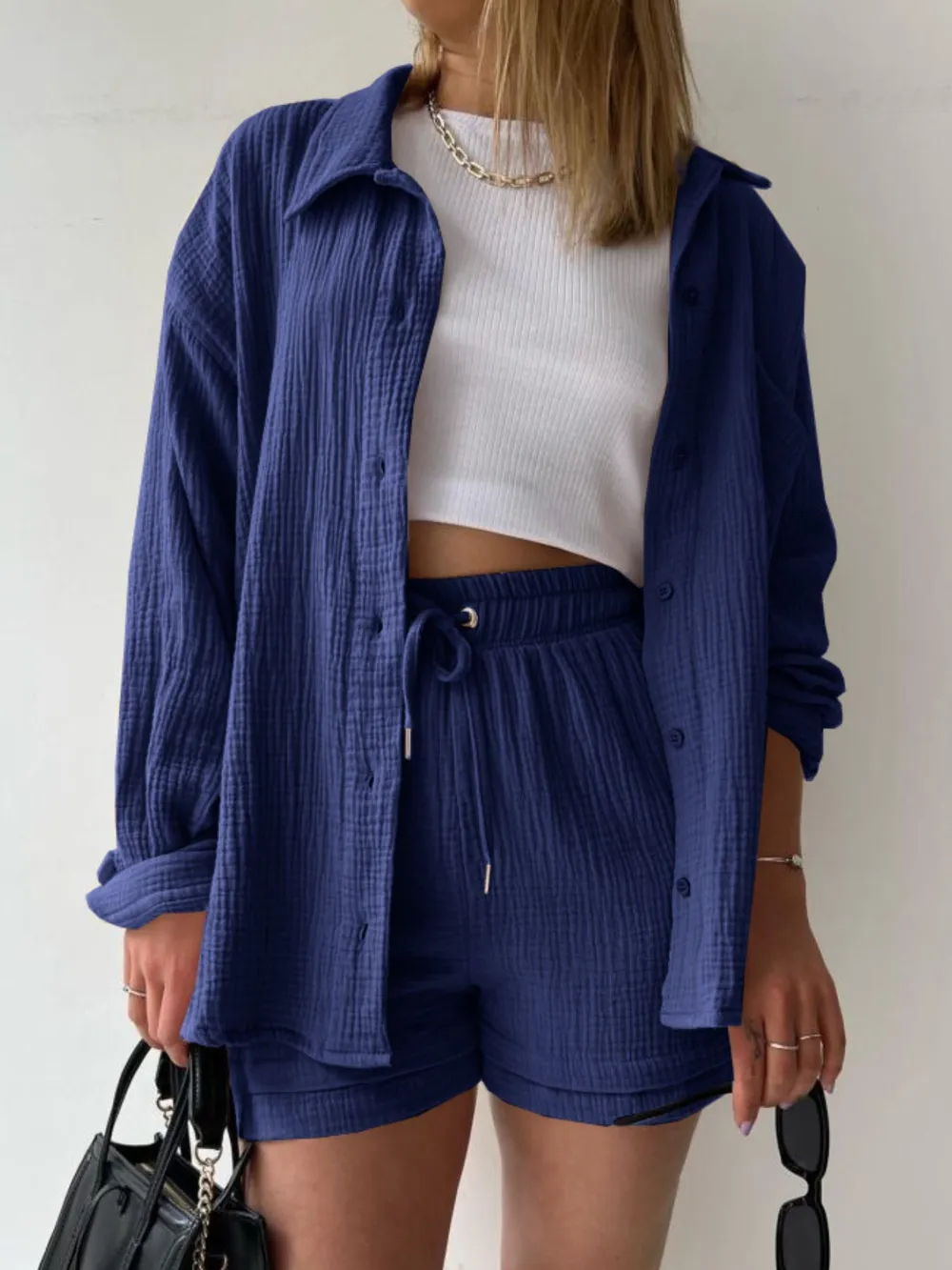 Textured Button Up Shirt and Shorts Set, image 20