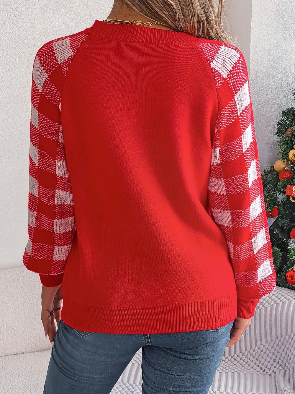 Reindeer Plaid Round Neck Long Sleeve Sweater, image 11