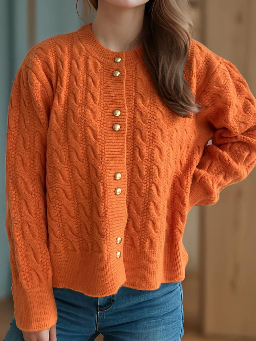 Cable-Knit Round Neck Long Sleeve Cardigan, image 21