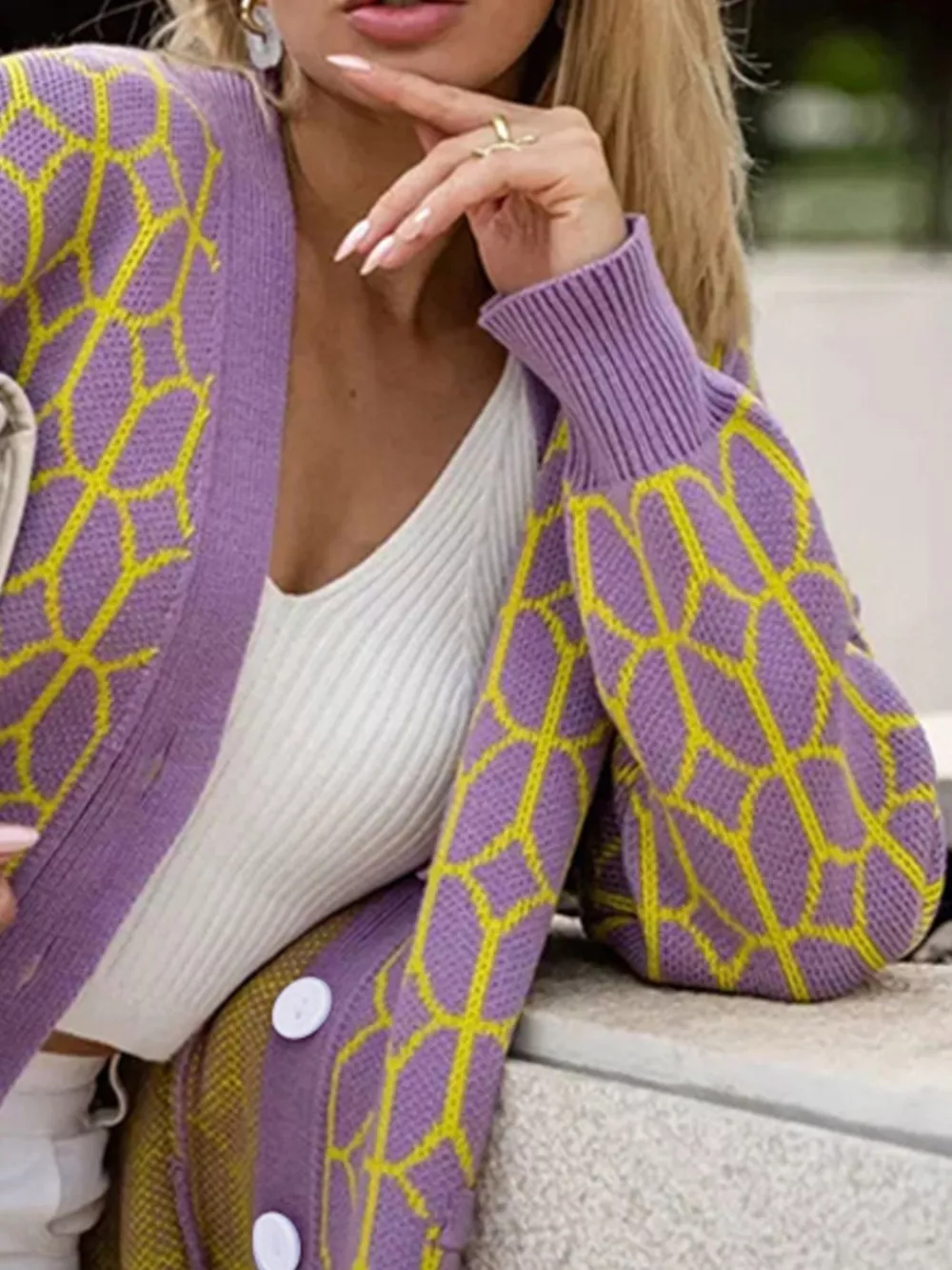 Geometric Patterned Button-Down Cardigan, image 6