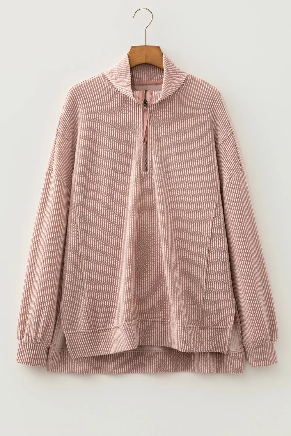 Twist Ribbed Zipper Collar Drop Shoulder Long Sleeve Top, image 7