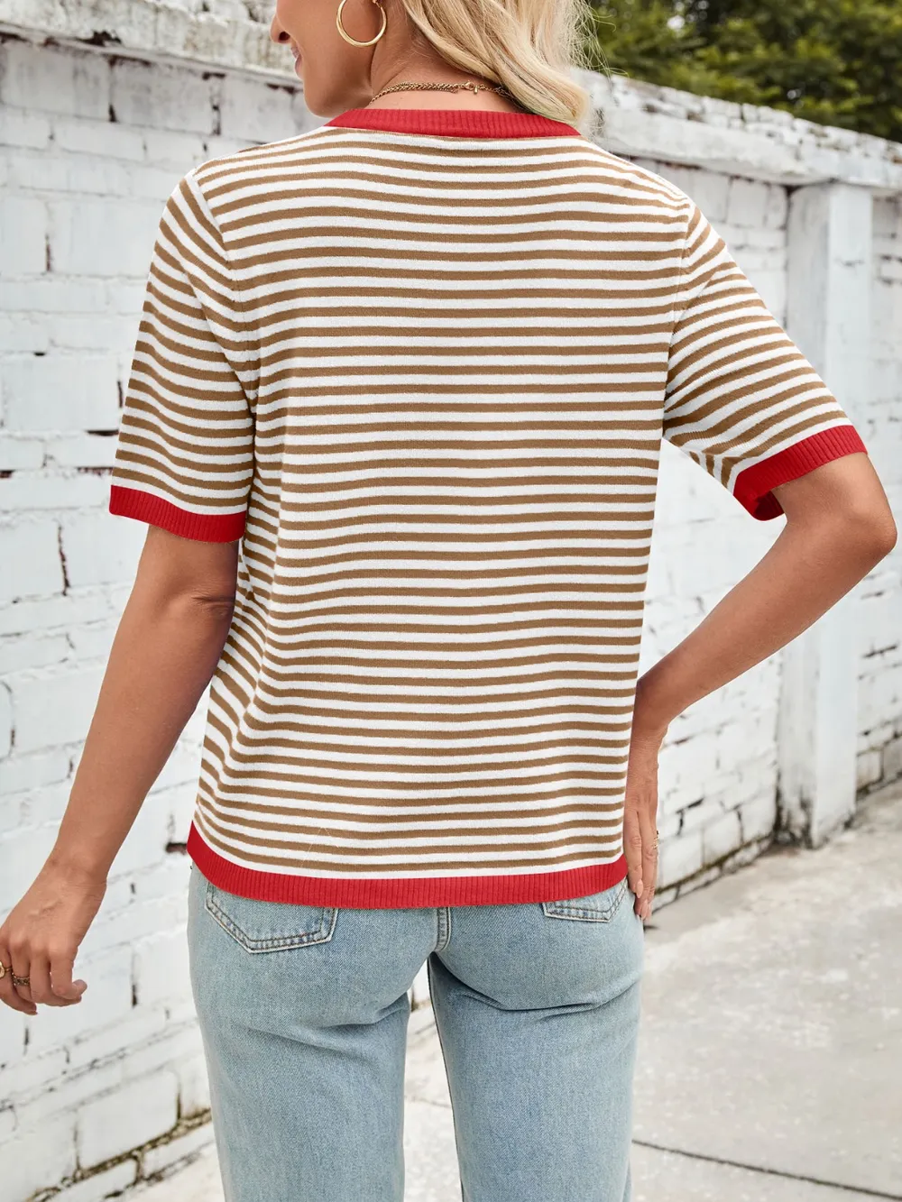 Striped Contrast Round Neck Half Sleeve Knit Top, image 26