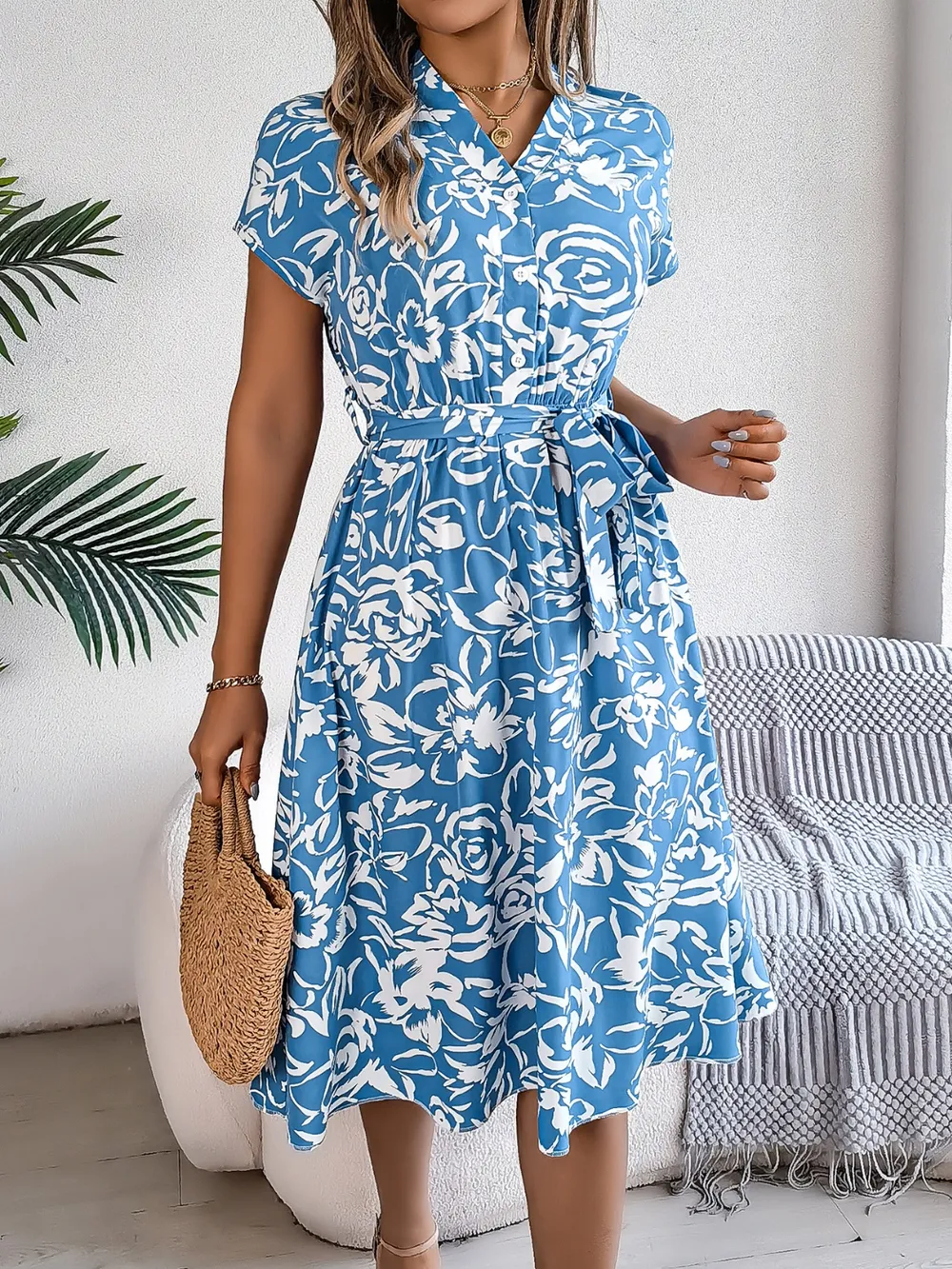 Printed V-Neck Short Sleeve Dress, image 12