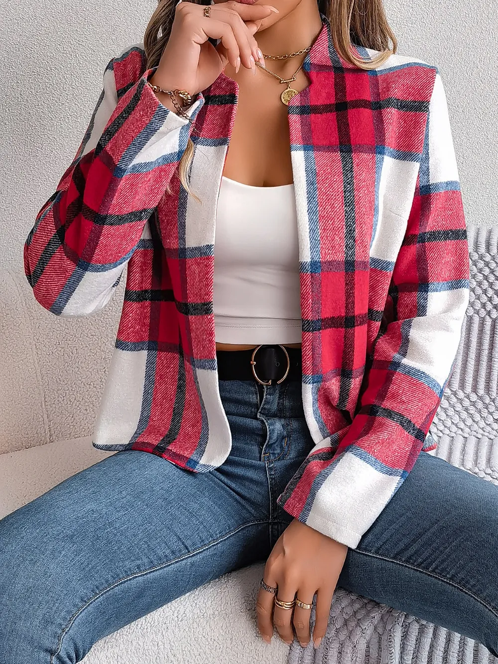Plaid Open Front Long Sleeve Jacket, image 18