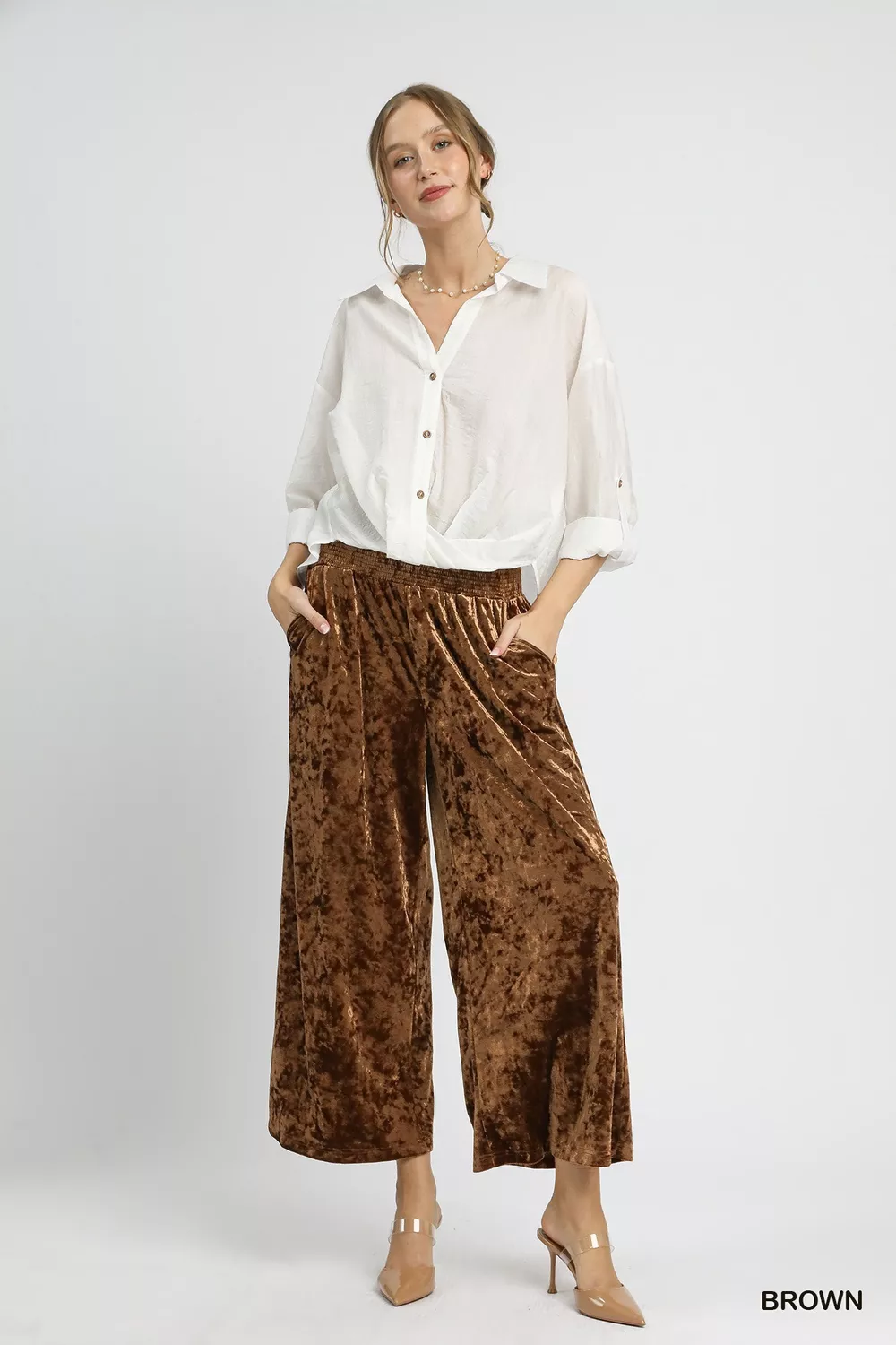 Velvet Smocked Waistband Wide Leg Pants, image 5
