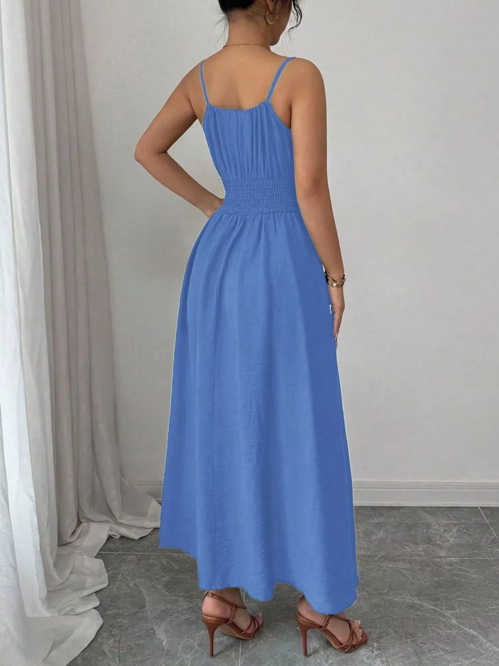 Smocked Spaghetti Strap Midi Dress, image 8