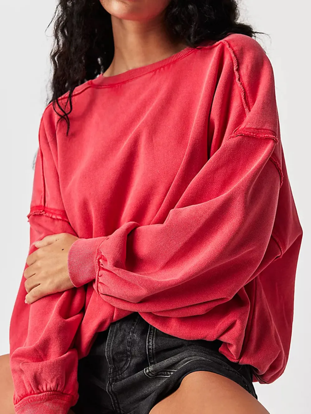 Exposed Seam Round Neck Long Sleeve Sweatshirt, image 3