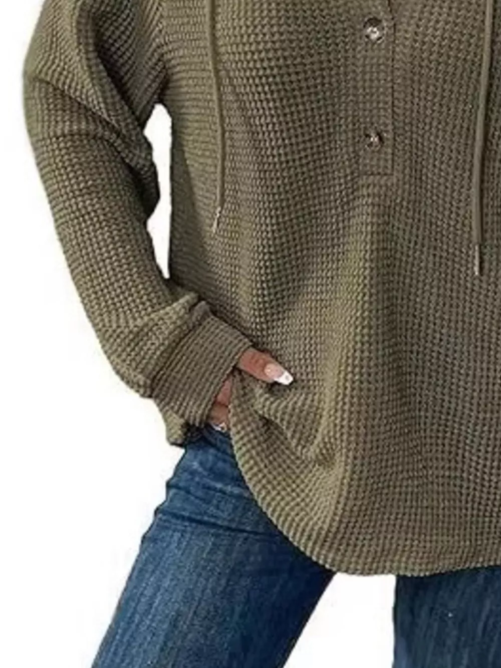 Full Size Button Detail Waffle Knit Hoodie Plus Size, image 13