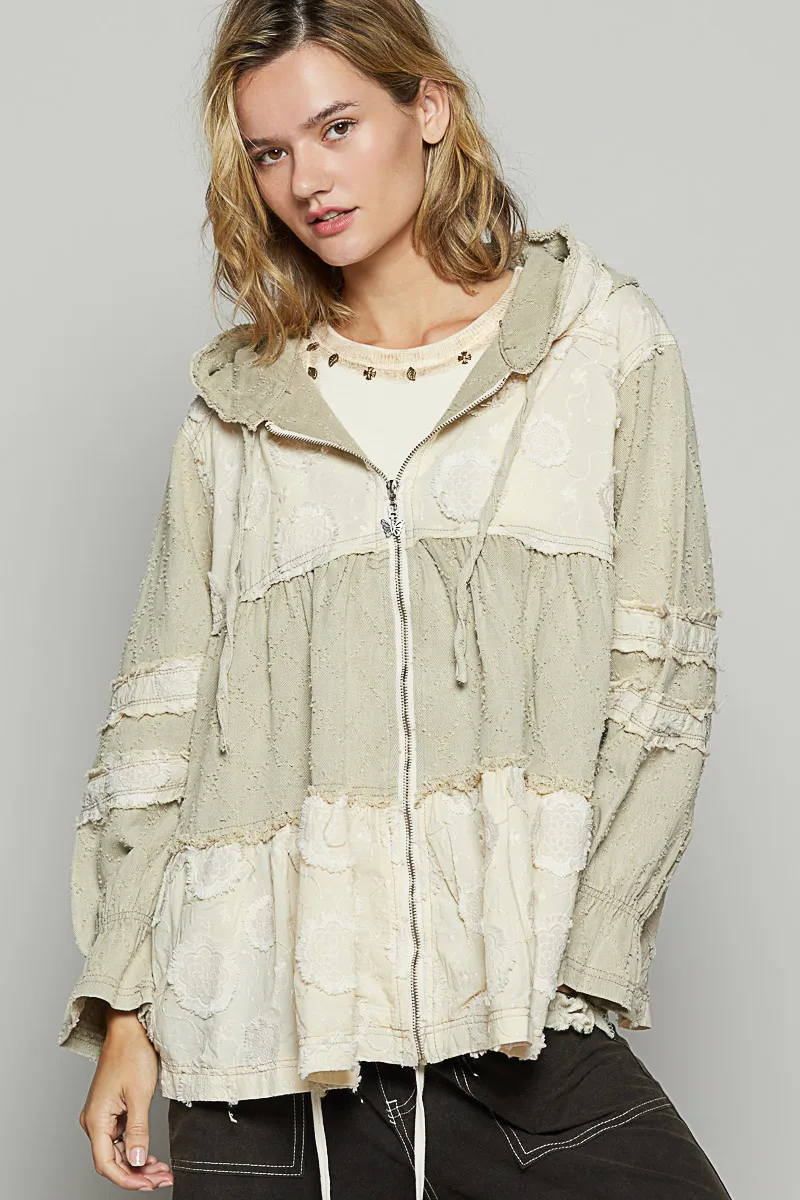 Raw Hem Color Block Hooded Jacket, image 2