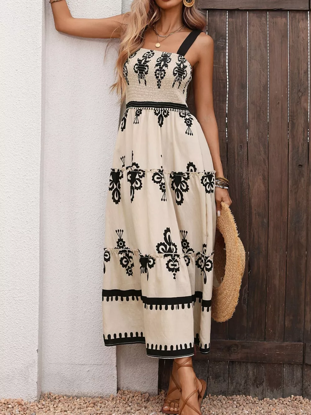 Smocked Wide Strap Tiered Dress