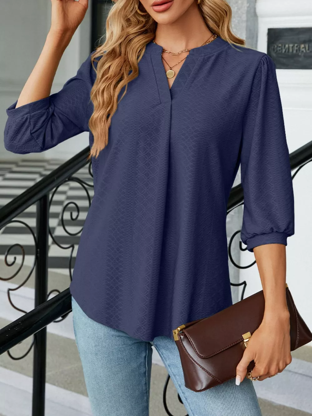Notched 3/4 Sleeve Casual Top, image 19