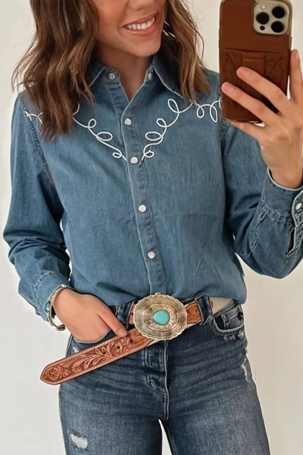 Embroidered Western Denim Top, image 2