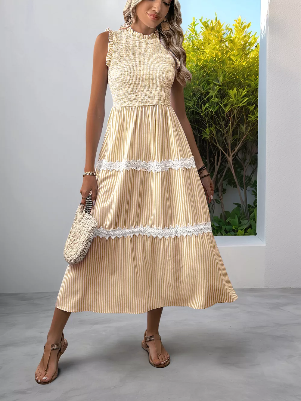 Striped Smocked Sleeveless Tiered Midi Dress, image 4