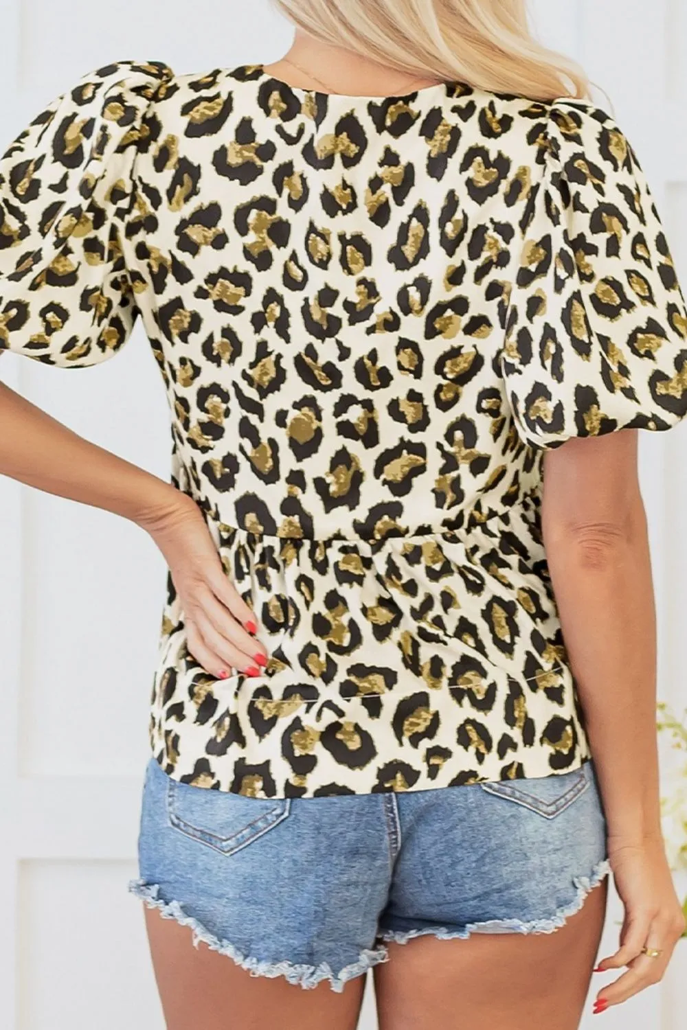 Leopard Bow Tie Front Puff Sleeve Peplum Blouse, image 6