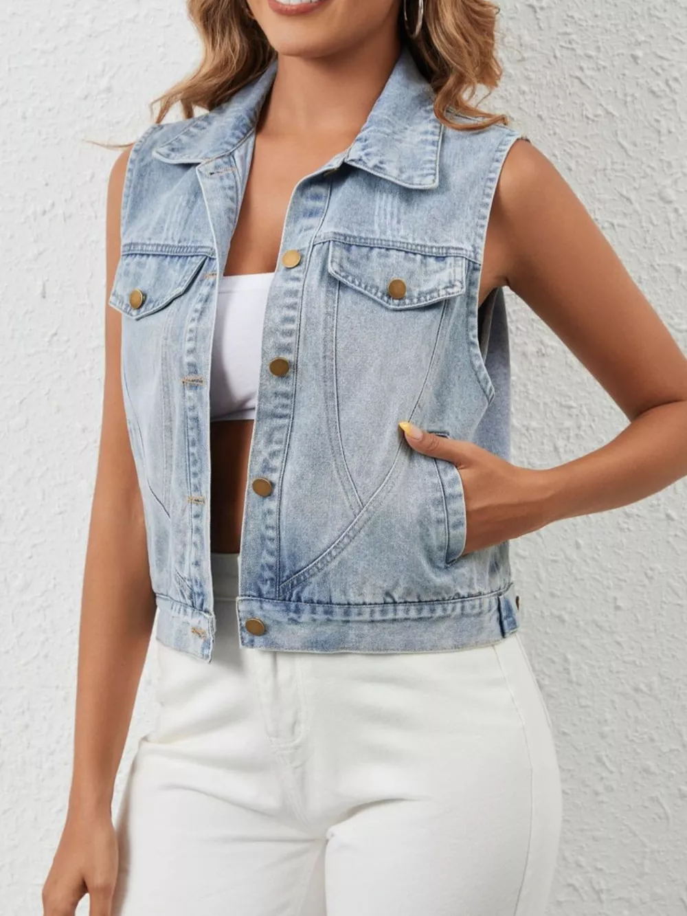 Sleeveless Button Up Denim Jacket, image 4