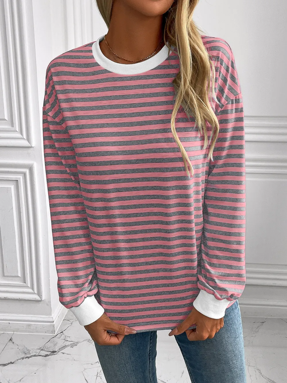 Striped Round Neck Long Sleeve Sweatshirt, image 9